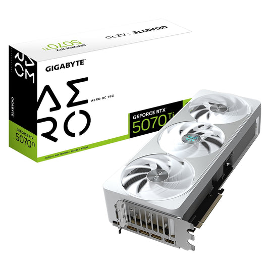 Gigabyte NVIDIA GeForce RTX 5070 Ti AERO OC 16G Graphics Card, 16GB GDDR7, 8960 CUDA Cores, 2588 MHz Core Clock, Triple Fan, White, RGB, 3x DisplayPorts / 1x HDMI Port