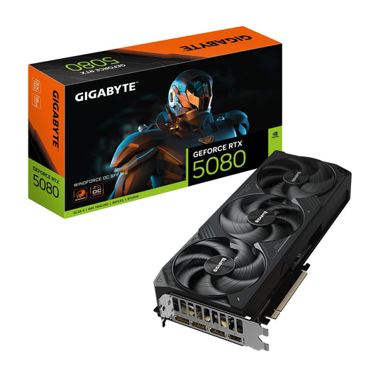 Gigabyte NVIDIA GeForce RTX 5080 WINDFORCE OC SSF 16G Graphics Card, 16GB GDDR7, 10752 CUDA Cores, 2670 MHz Core Clock, Triple Fan, 3x DisplayPorts / 1x HDMI Port